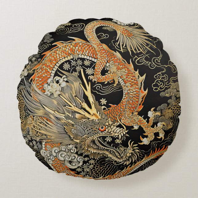 Asian Dragon and Clouds Round Pillow (Front)