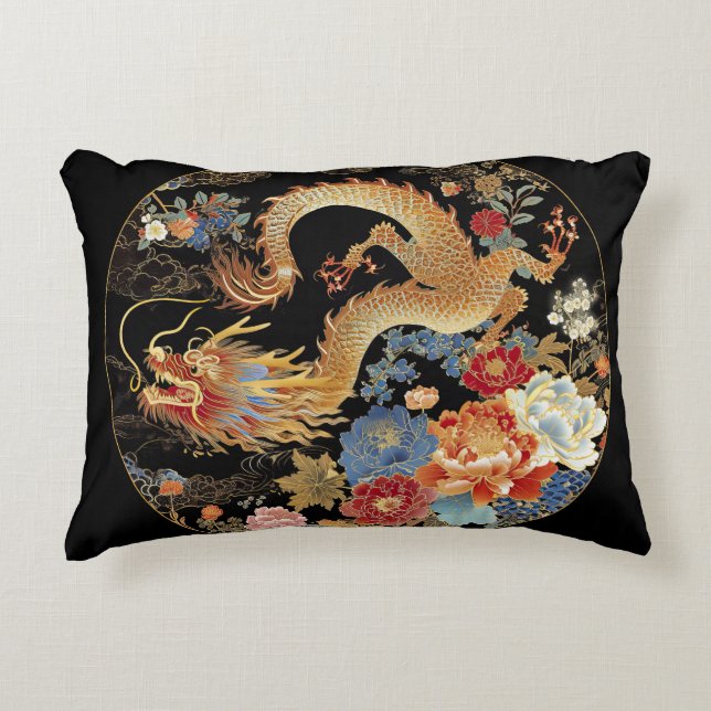 Asian Dragon and Flowers Accent Pillow (Front)