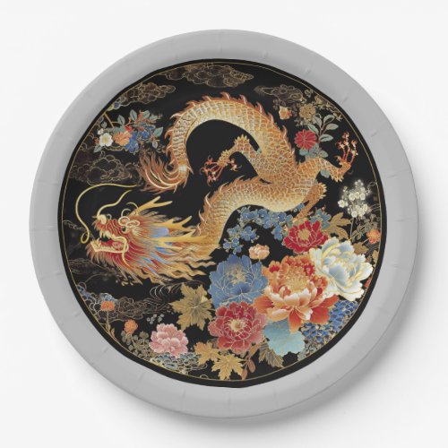 Asian Dragon and Peony Flowers Paper Plates