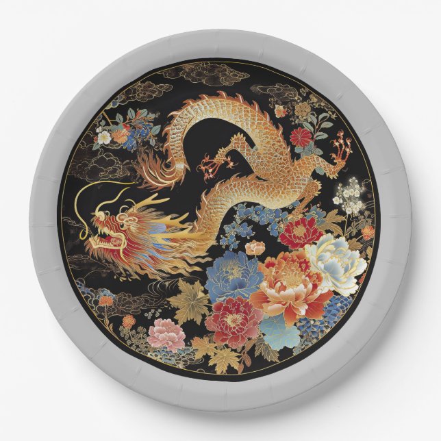 Asian Dragon and Peony Flowers Paper Plates (Front)