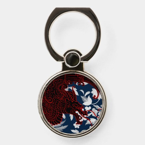 Asian Dragon _ Black and Red on Navy Floral Phone Ring Stand