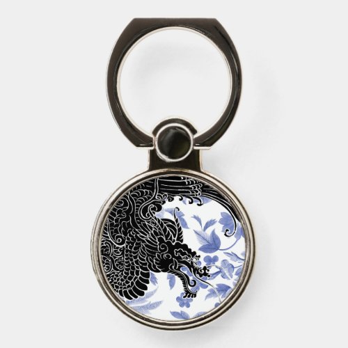 Asian Dragon _ Black and White on Blue Floral Phone Ring Stand