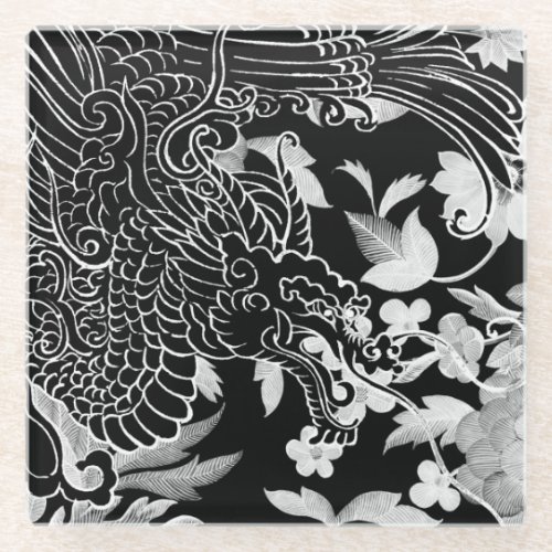 Asian Dragon _ Black on Black Floral iPhone Case Glass Coaster