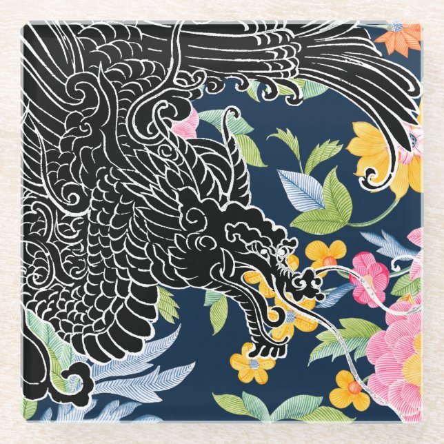 Asian Dragon - Black on Navy Floral Glass Coaster (Front)