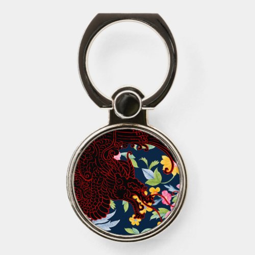 Asian Dragon _ Black on Navy Floral Phone Ring Stand