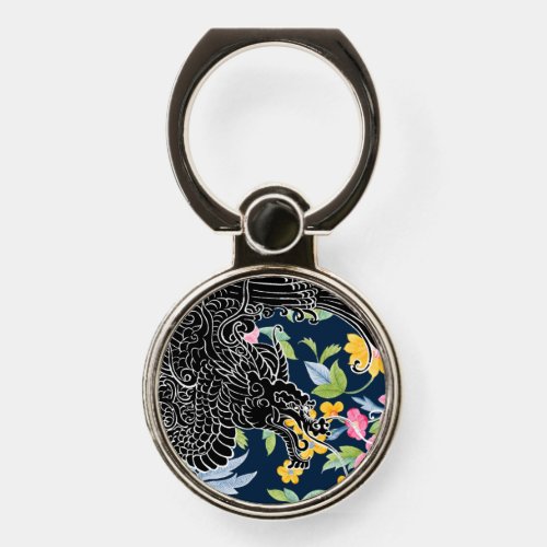 Asian Dragon _ Black on Navy Floral Phone Ring Stand
