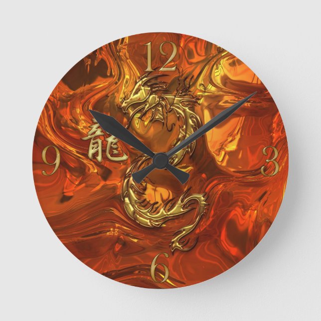 Asian Dragon & Gold Kanji Molten Metal Wall Clock (Front)
