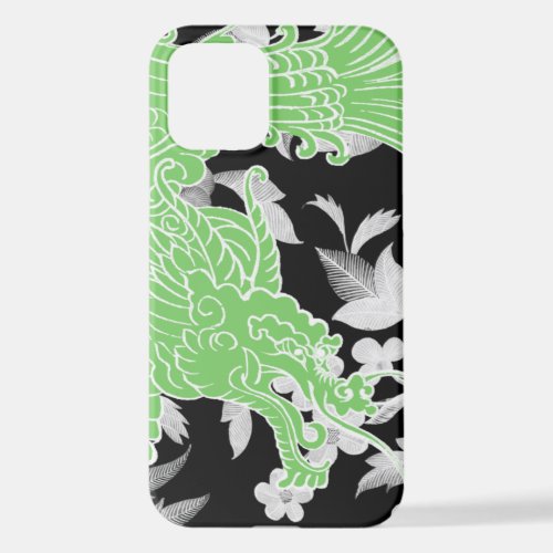 Asian Dragon _ Lime green on black floral iPhone 12 Case