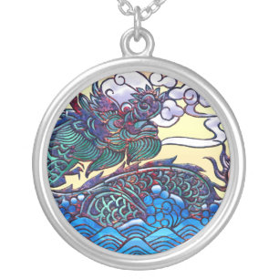 Asian Dragon Medallion Silver Plated Necklace