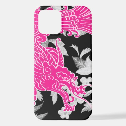 Asian Dragon _ Pink on Black Floral iPhone 12 Case