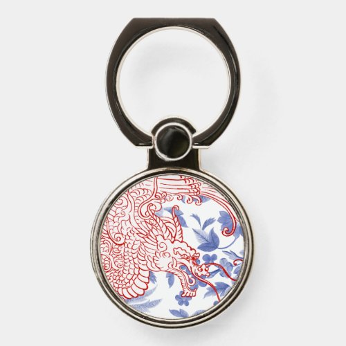 Asian Dragon _ Red and White on Blue Floral Phone Ring Stand