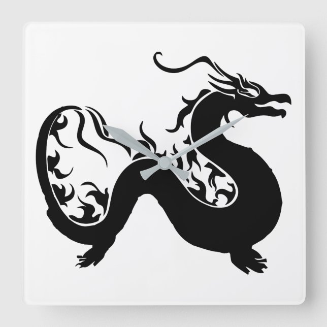 Asian Dragon Silhouette Square Wall Clock (Front)