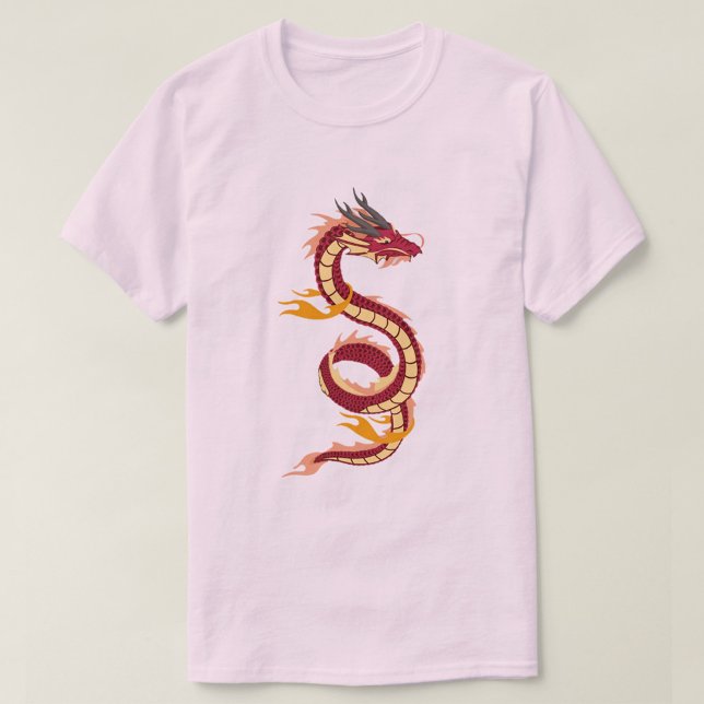 Asian Dragon T-Shirt (A pink t-shirt with a red and yellow dragon design on the front. The dragon is coiled in an S-shape.)