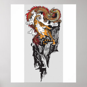 Asian dragon versus tiger. Graphic ART Poster