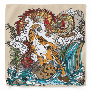 Asian dragon versus tiger. Illustration Bandana