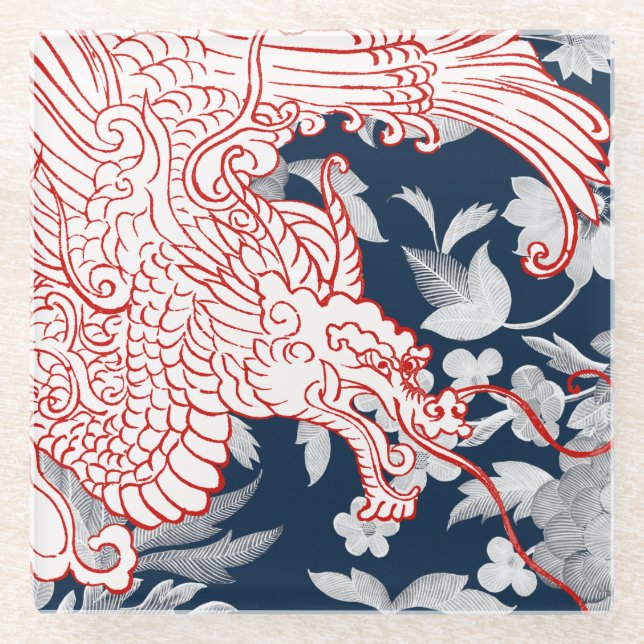 Asian Dragon - White and Red on Blue Floral Glass Coaster (Front)