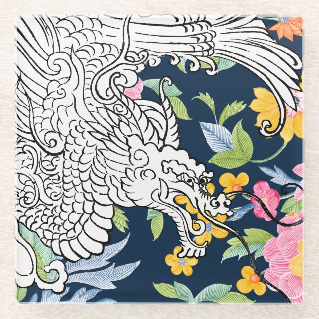 Asian Dragon - White on Navy Floral Glass Coaster (Front)