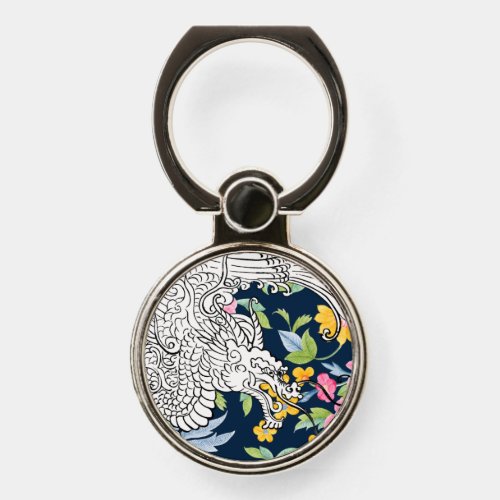 Asian Dragon _ White on Navy Floral Phone Ring Stand