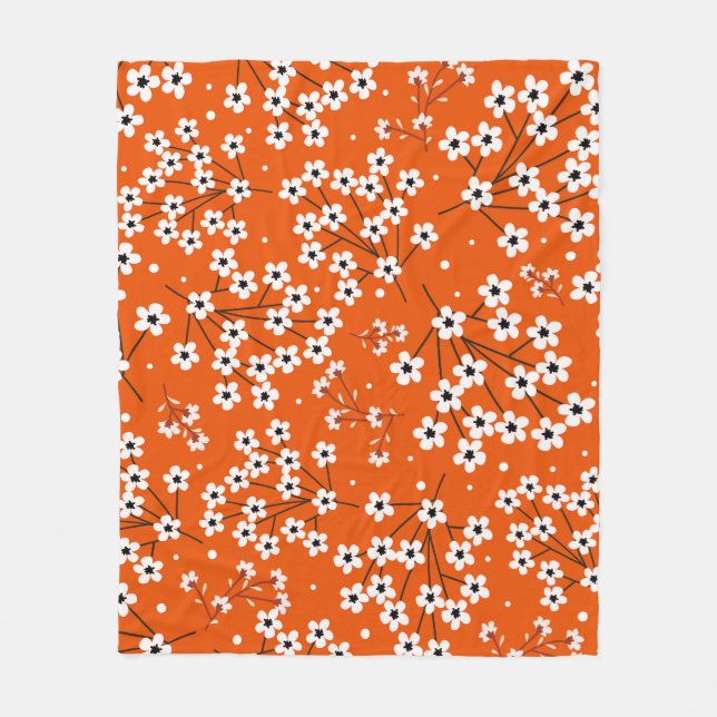 Asian Elegance: Red Floral Seamless Print Fleece Blanket (Front)