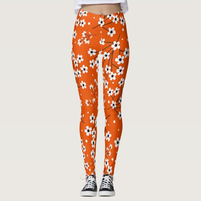 Asian Elegance: Red Floral Seamless Print Leggings (Front)