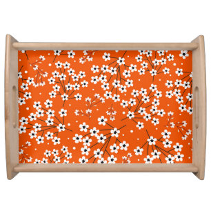 Asian Elegance: Red Floral Seamless Print Serving Tray