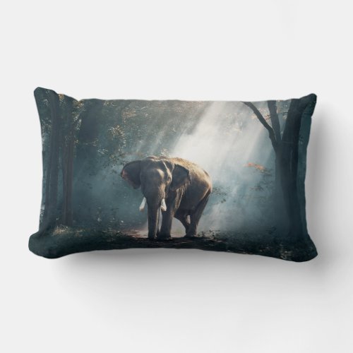 Asian Elephant in a Sunlit Forest Clearing Lumbar Pillow