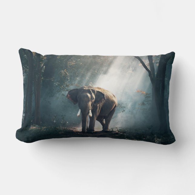 Asian Elephant in a Sunlit Forest Clearing Lumbar Pillow (Front)