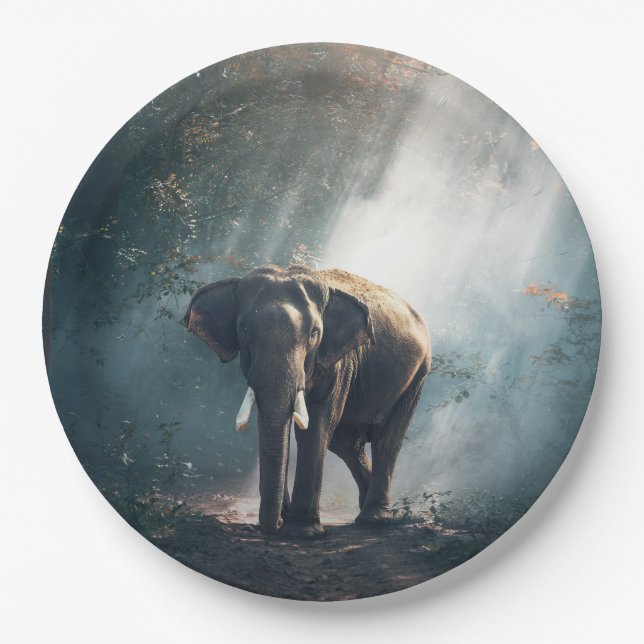 Asian Elephant in a Sunlit Forest Clearing Paper Plates (Front)