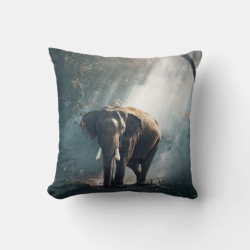 Asian Elephant in a Sunlit Forest Clearing Throw Pillow