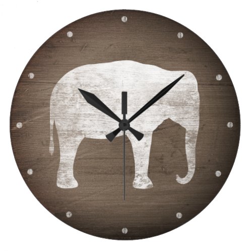 Asian Elephant Silhouette Rustic Style Large Clock