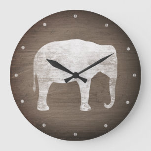 Asian Elephant Silhouette Rustic Style Large Clock