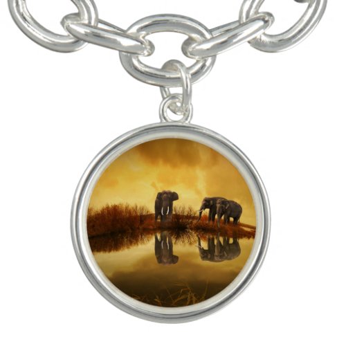 Asian Elephants in Thailand under a glowing sunset Charm Bracelet