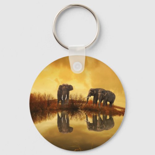 Asian Elephants in Thailand under a glowing sunset Keychain