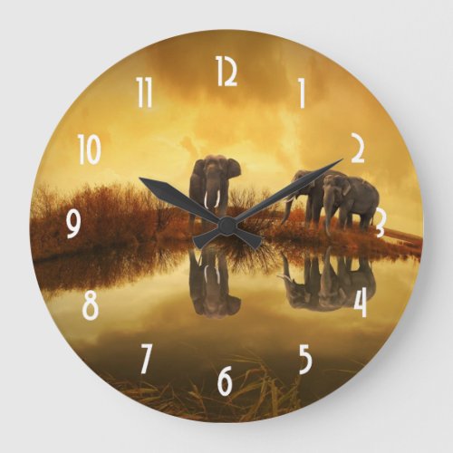 Asian Elephants in Thailand under a glowing sunset Large Clock