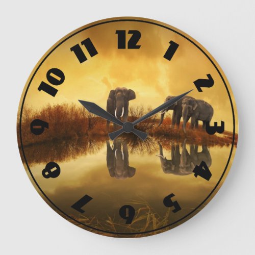 Asian Elephants in Thailand under a glowing sunset Large Clock