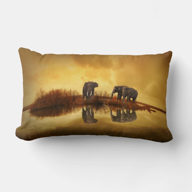 Asian Elephants in Thailand under a glowing sunset Lumbar Pillow (Front)