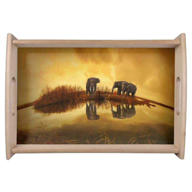 Asian Elephants in Thailand under a glowing sunset Serving Tray (Front)