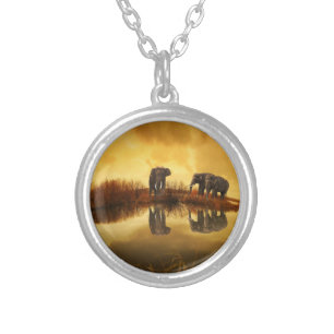 Asian Elephants in Thailand under a glowing sunset Silver Plated Necklace