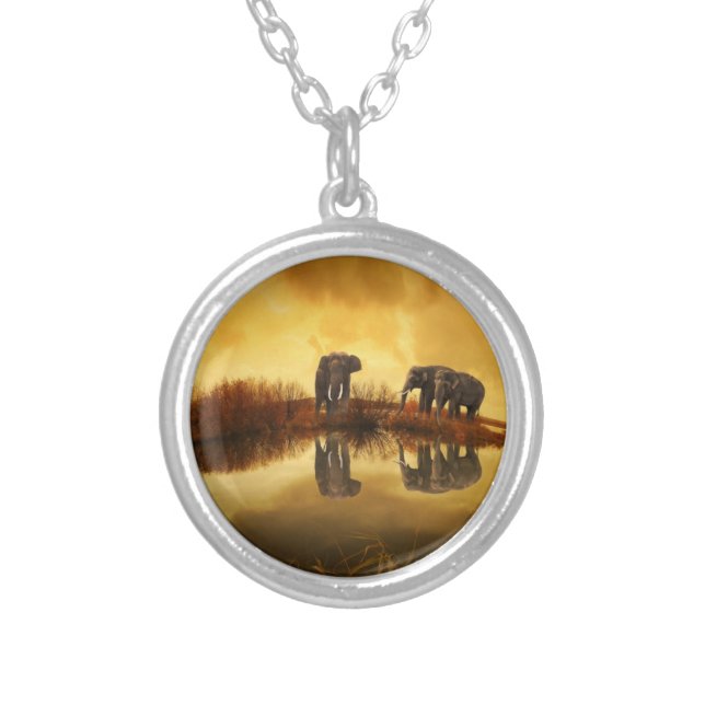 Asian Elephants in Thailand under a glowing sunset Silver Plated Necklace (Front)