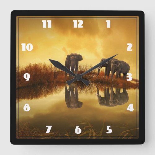 Asian Elephants in Thailand under a glowing sunset Square Wall Clock