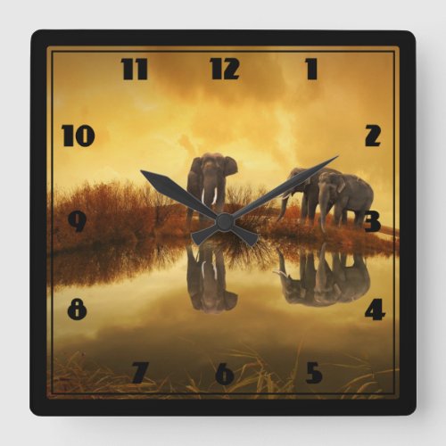 Asian Elephants in Thailand under a glowing sunset Square Wall Clock