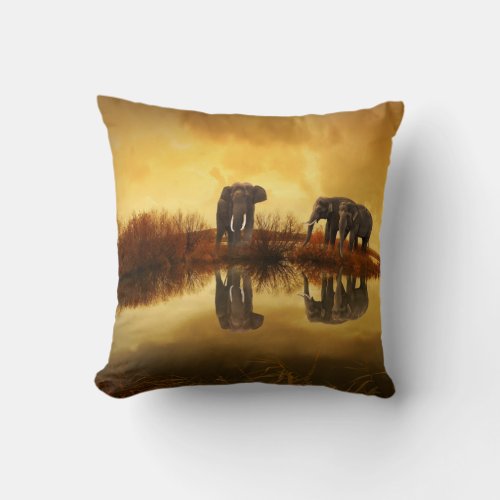 Asian Elephants in Thailand under a glowing sunset Throw Pillow