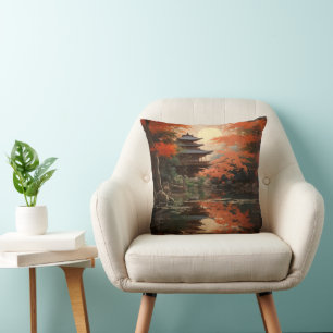 Asian Fall Landscape Throw Pillow