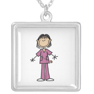Asian Female Stick Figure Nurse Silver Plated Necklace