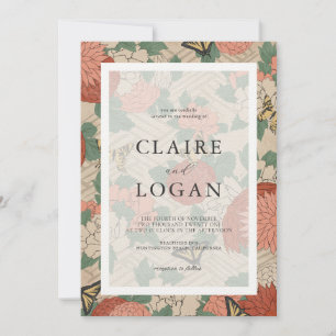 Asian Floral & Butterflies Beige Wedding Invitation
