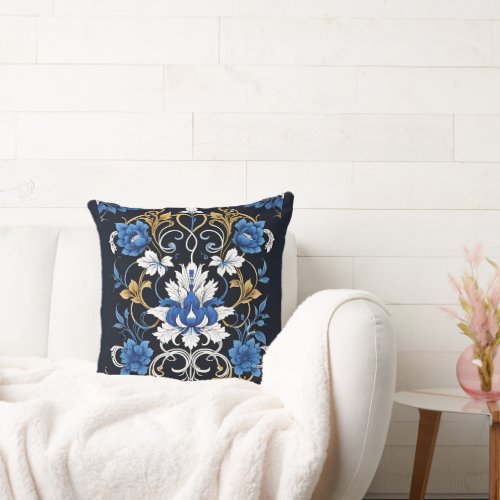 Asian Floral Chinoiserie Blue and White Throw Pillow