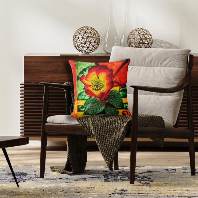 Asian Floral in Bright Red and Green Throw Pillow (Creator Uploaded)