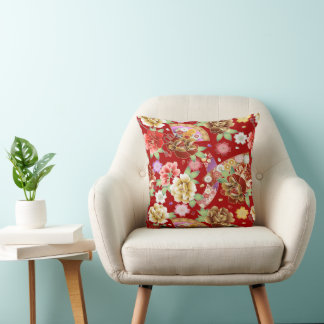 Asian Floral on Red Throw Pillow