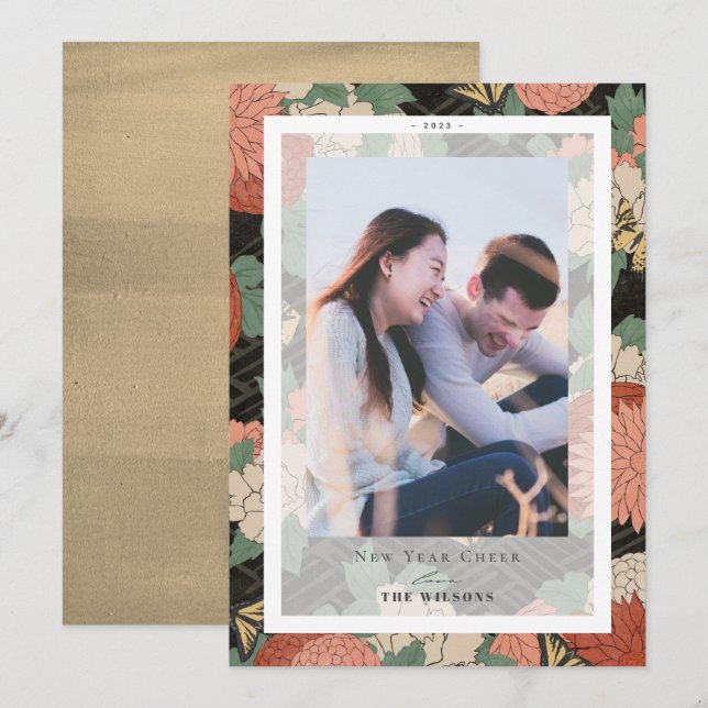 Asian Floral Pattern New Year Holiday Photo Card (Front/Back)