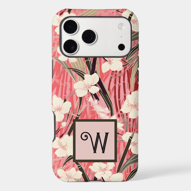 Asian Floral Pink Peach White Chinoiserie Monogram iPhone Case (Back)